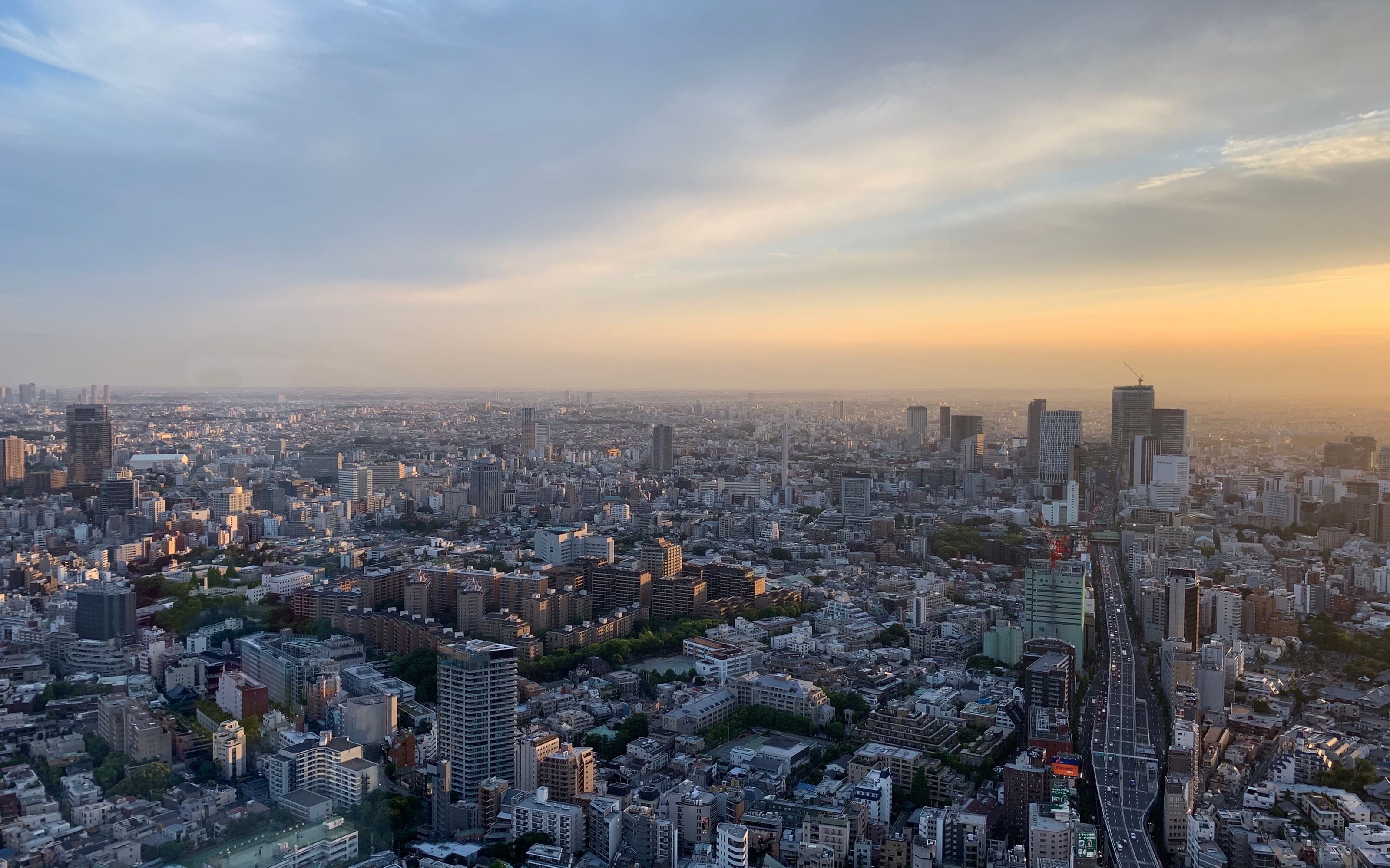 Aerial view of Tokyo at sunset, the city spreading endlessly into the haze toward the horizon.
